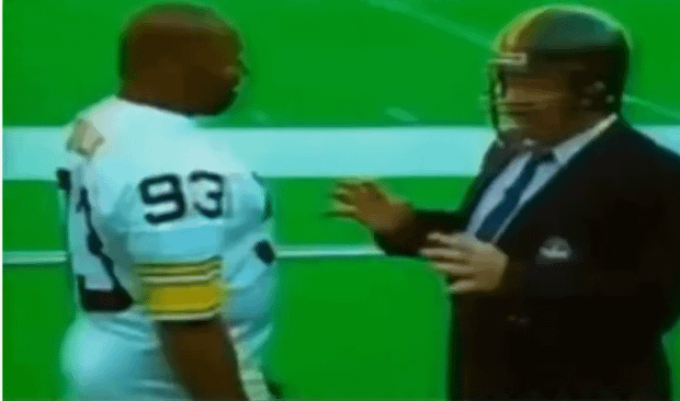 Flashback to 1988, when NBC reporter Paul McGuire gets roughed up in an interview with Pittsburgh Steelers Keith Willis.