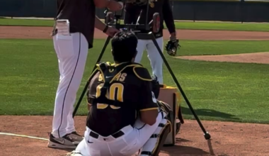 [Collins] San Diego Padres Ethan Salas doing some catching drills today in camp. He looks good and ready to go🔥🔥🔥