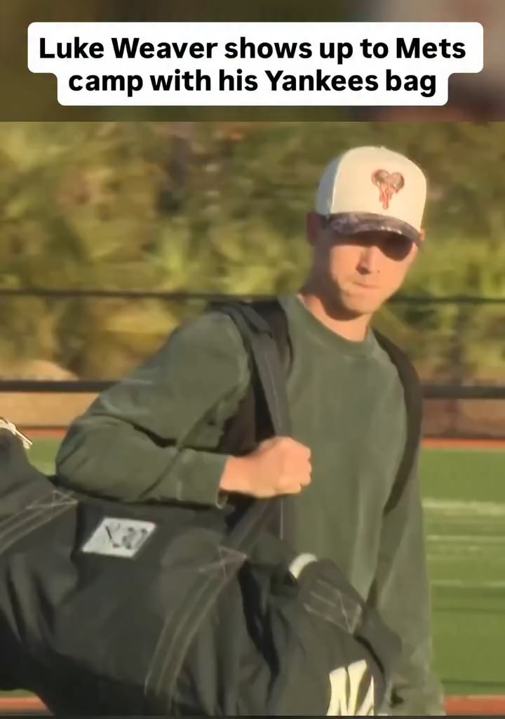 Luke Weaver with a Yankee bag as he reports to Mets Spring Training
