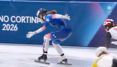 Crosby reacts to the US skater crashing during the short track speed skating relay