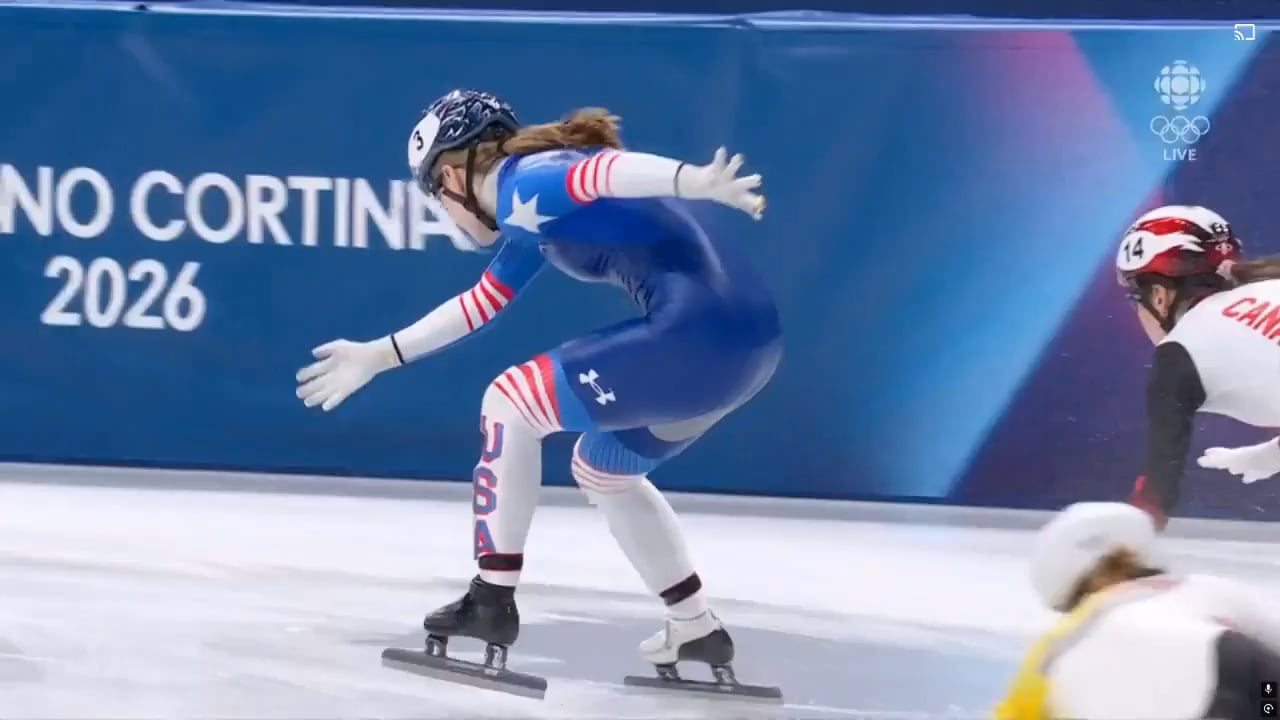 Crosby reacts to the US skater crashing during the short track speed skating relay