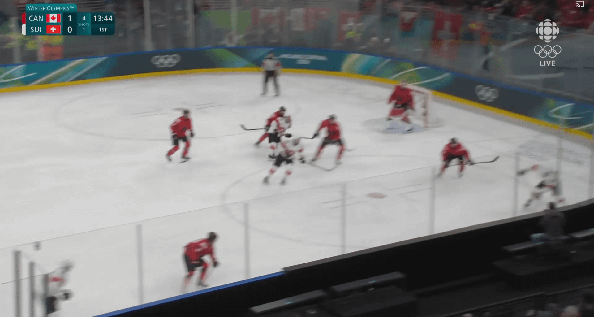 [CAN vs SUI] Crosby gets a breakaway and Schmid sticks up the left leg to make a great save