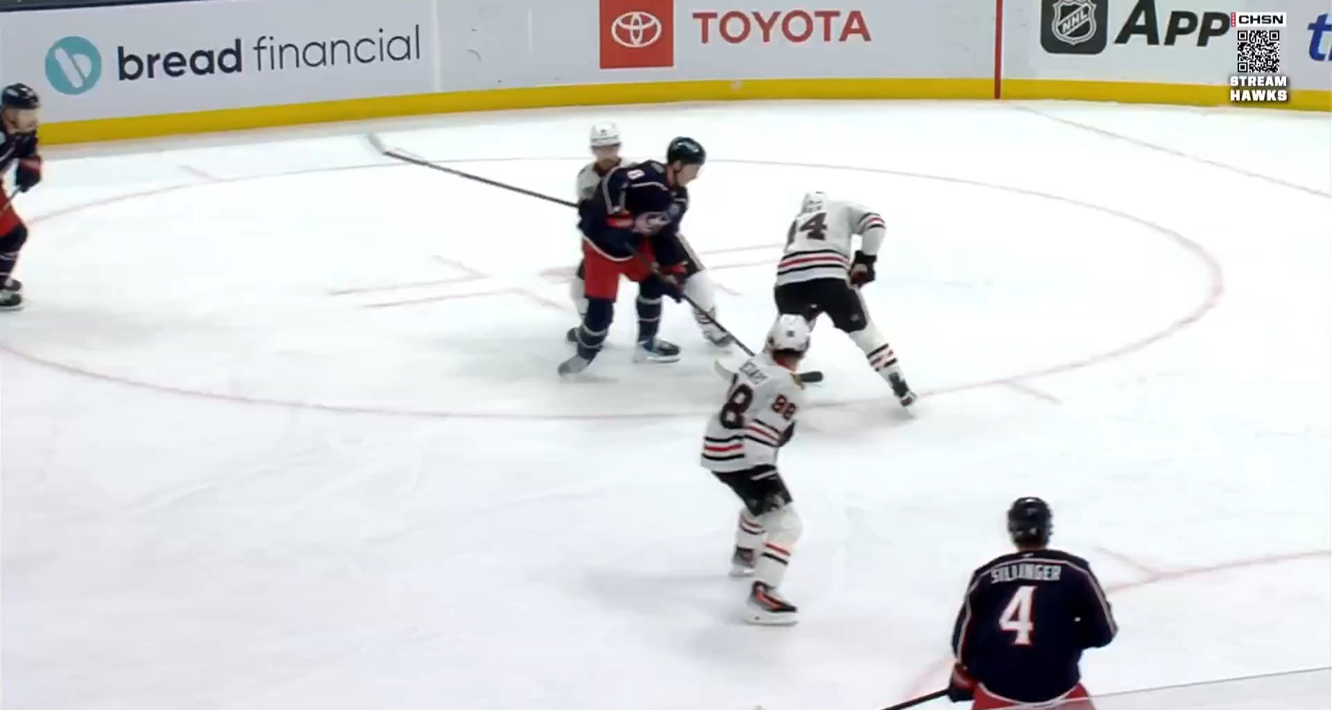 Zach Werenski lands on Wyatt Kaiser's leg and he has to be helped to the locker room