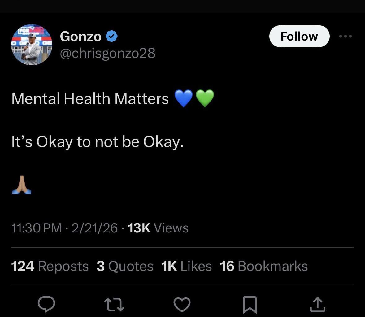 [Gonzo] Mental Health Matters 💙💚 It’s Okay to not be Okay. 🙏🏽