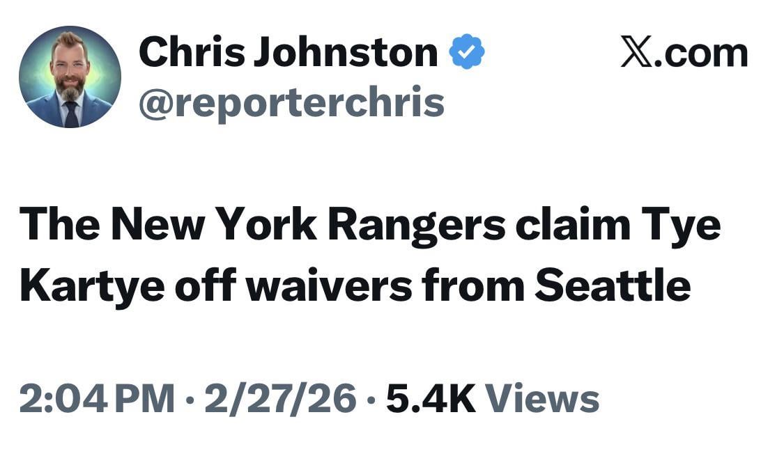[Johnston] The New York Rangers claim Tye Kartye off waivers from Seattle