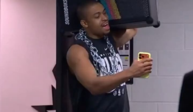 Spurs’ Bard Keldon Johnson applying pre game buff for his party.