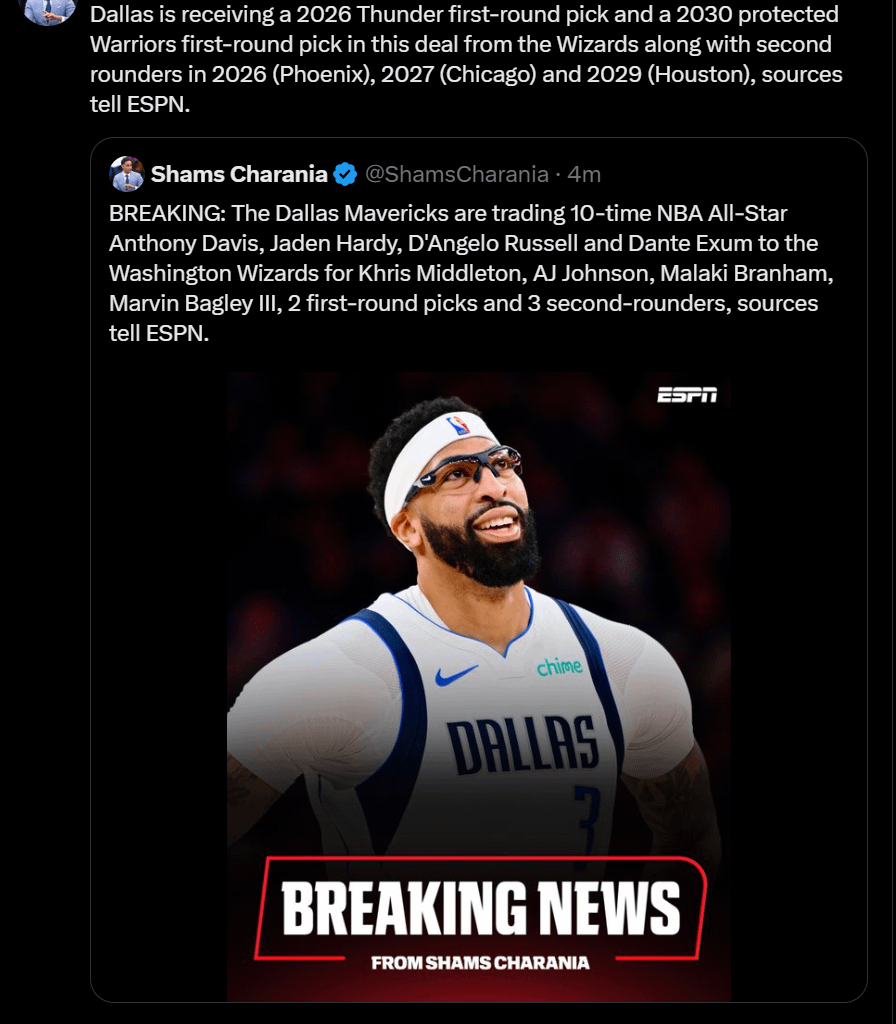 [Charania] Dallas is receiving a 2026 Thunder first-round pick and a 2030 protected Warriors first-round pick in this deal from the Wizards along with second rounders in 2026 (Phoenix), 2027 (Chicago) and 2029 (Houston), sources tell ESPN.