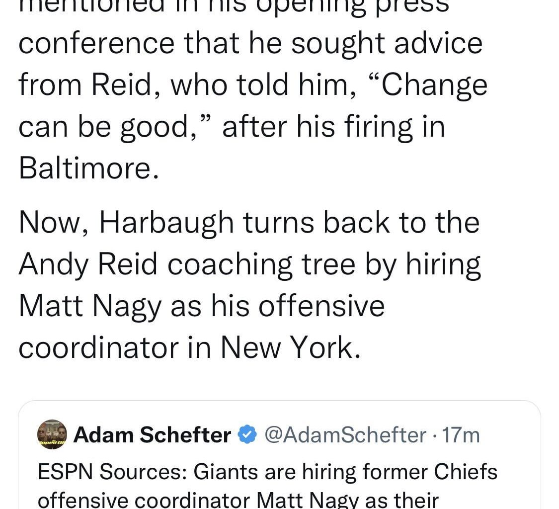 John Harbaugh worked under Andy Reid in Philadelphia, and Harbaugh mentioned in his opening press conference that he sought advice from Reid. Now, Harbaugh turns back to the Andy Reid coaching tree by hiring Matt Nagy as his offensive coordinator in New York.