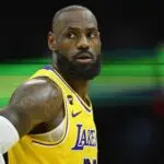 Los Angeles Lakers forward LeBron James (23) stands on the court in the third quarter against the Cleveland Cavaliers at Rocket Arena on Jan 28, 2026.