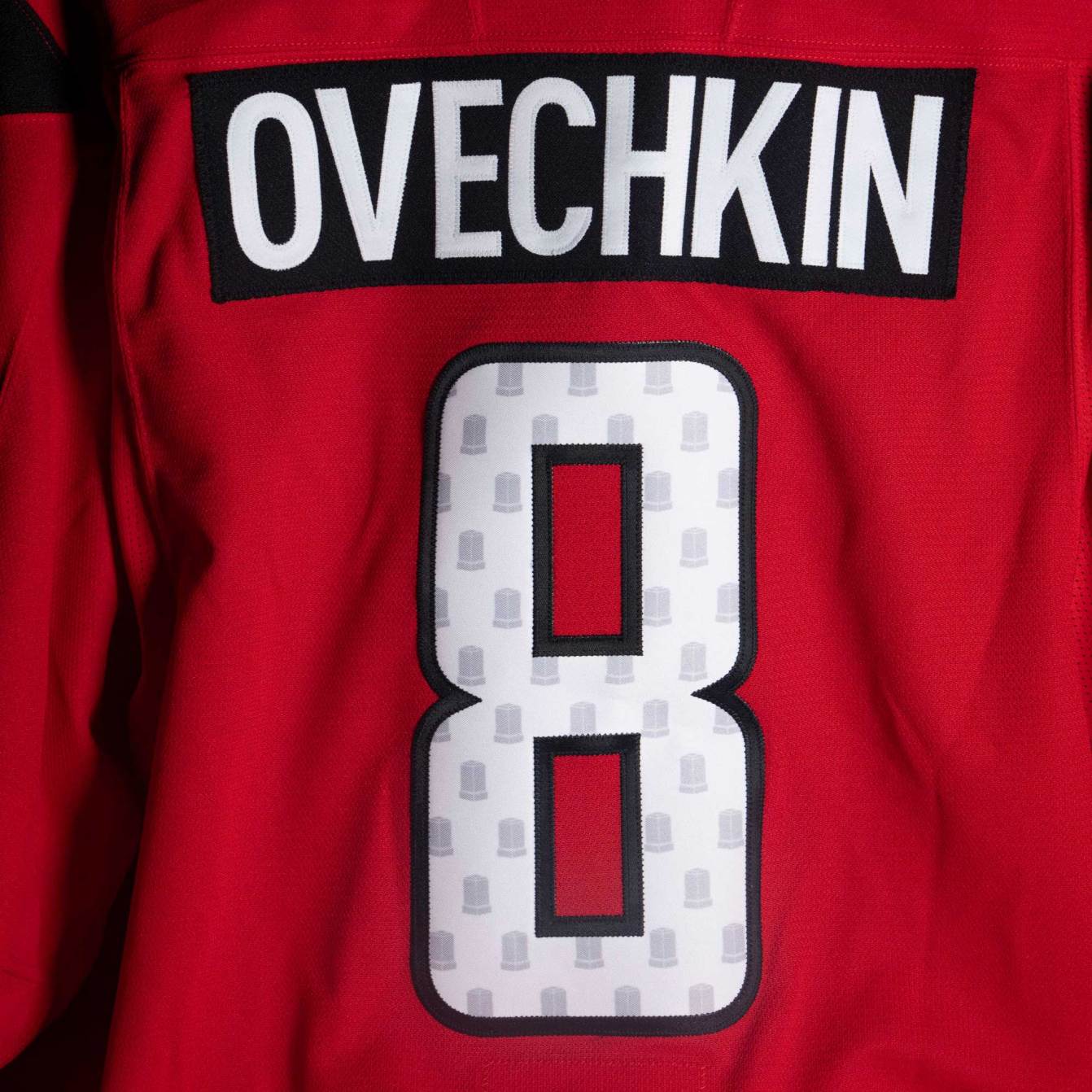 The back of the Washington Capitals black history specialty jersey featuring Alex Ovechkin's name and number 8