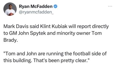 Klint Kubiak will report directly to Tom Brady and John Spytek. Mark Davis is stepping aside and letting the new generation take over football operations