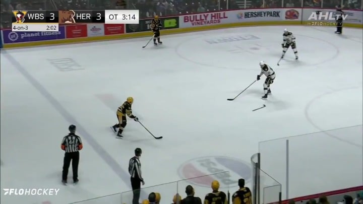 In his first game back in Wilkes-Barre, Avery Hayes completes the hat trick in OT with a broken stick.