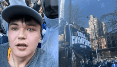 My little bro threw his phone to Jake Bobo on the parade bus #seahawks #superbowl #samdarnold