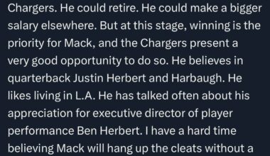 Some of Daniel Popper’s notes from the NFL Combine: he believes Mack is likely to return to the Chargers next season, that the Chargers are interested in Linderbaum, and that the Chargers may be willing to let Oweh and Zion walk if other teams are willing to overpay them.