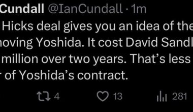[Cundall] The Hicks deal gives you an idea of the challenges of moving Yoshida. It cost David Sandlin to save $16 million over two years. That’s less than one year of Yoshida’s contract.