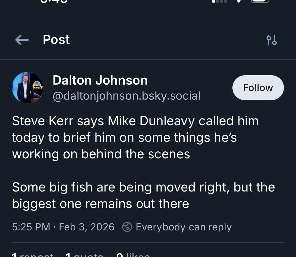 [Johnson] Steve Kerr says Mike Dunleavy called him today to brief him on some things he's working on behind the scenes