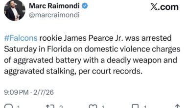 [Raimondi] Falcons rookie James Pearce Jr. was arrested Saturday in Florida on domestic violence charges of aggravated battery with a deadly weapon and aggravated stalking, per court records.