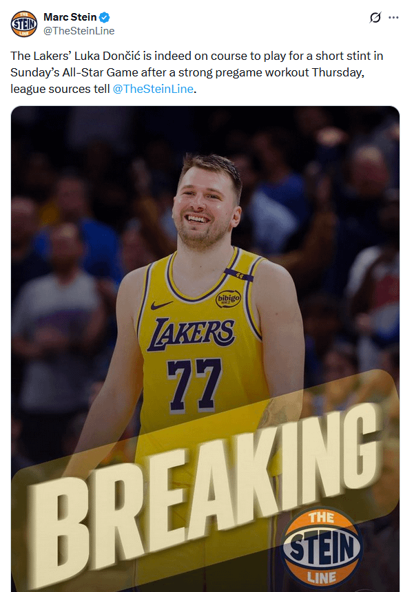 Marc Stein: The Lakers’ Luka Dončić is indeed on course to play for a short stint in Sunday’s All-Star Game after a strong pregame workout Thursday, league sources tell @TheSteinLine.