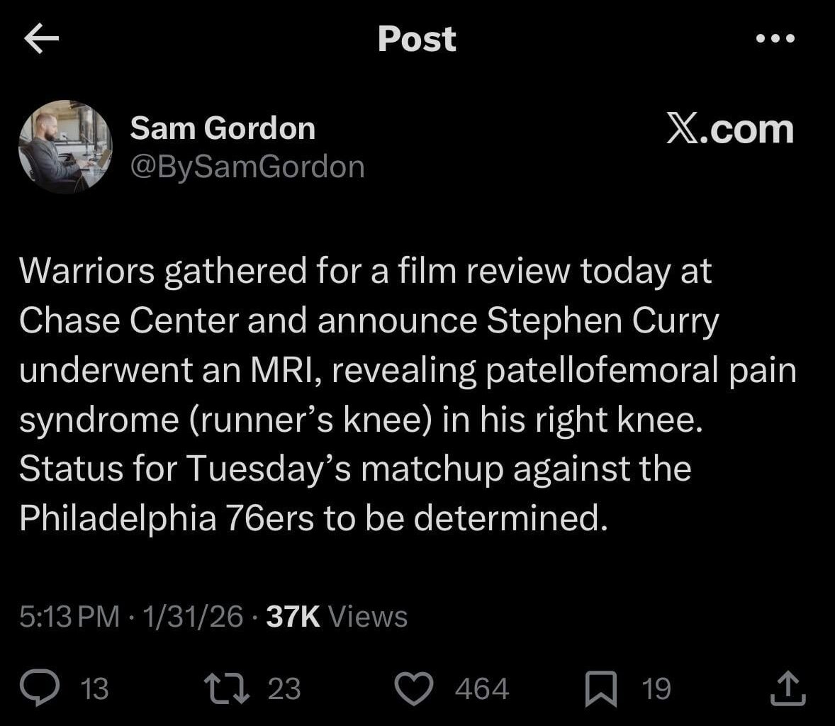 Stephen Curry underwent an MRI, revealing patellofemoral pain syndrome (runner’s knee) in his right knee. Status for Tuesday’s matchup against the Philadelphia 76ers to be determined.