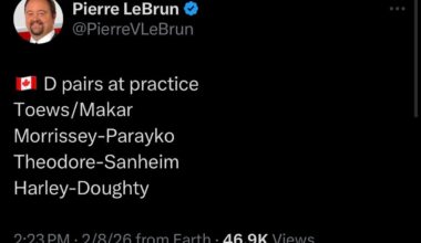 [Lebrun]  🇨🇦 D pairs at practice Toews/Makar Morrissey-Parayko Theodore-Sanheim Harley-Doughty