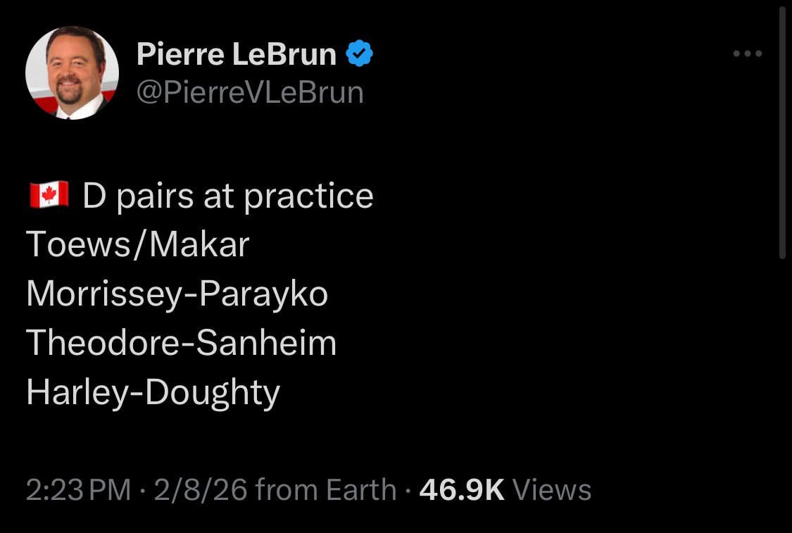 [Lebrun]  🇨🇦 D pairs at practice Toews/Makar Morrissey-Parayko Theodore-Sanheim Harley-Doughty