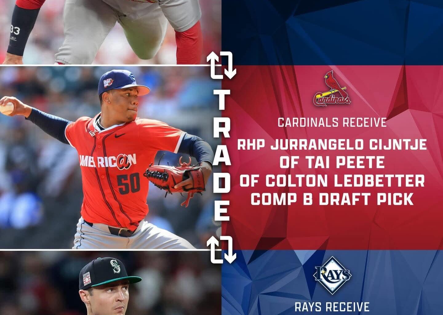 Seattle will receive Brendan Donovan, St. Louis will get Jurrangelo Cijntje, Tai Peete, Colton Ledbetter and a Comp B draft pick, and Tampa Bay will land Ben Williamson in the three-team trade