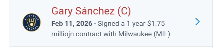 According to Spotrac, Gary Sanchez signed a 1.75 "milliojn" contract with the brewers.