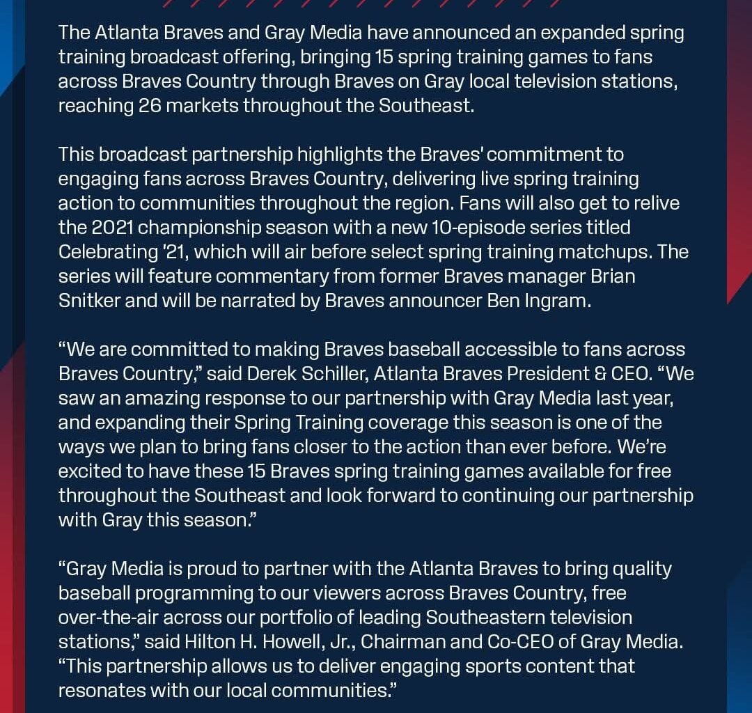 [Braves] Atlanta Braves and Braves on Gray Announce 15 Live Spring Training Games on Free Over-The-Air Television Across the Southeast:
