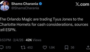 [Shams] The Orlando Magic are trading Tyus Jones to the Charlotte Hornets for cash considerations, sources tell ESPN.