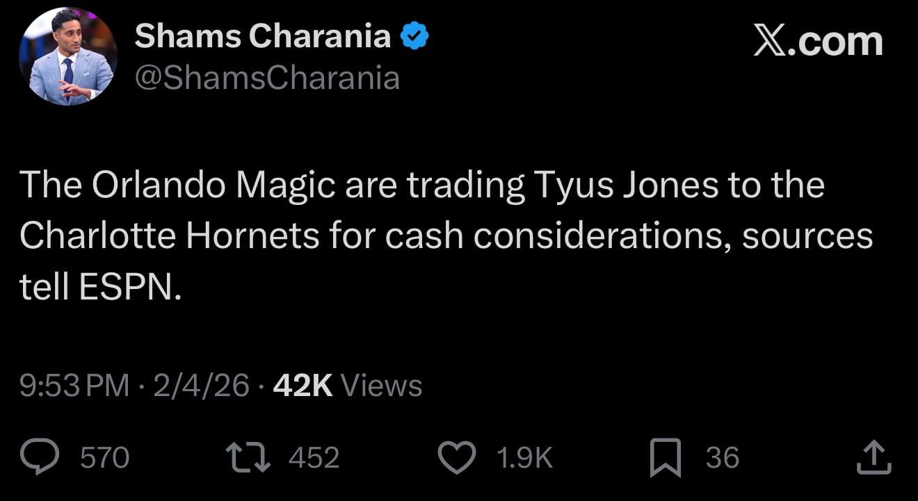 [Shams] The Orlando Magic are trading Tyus Jones to the Charlotte Hornets for cash considerations, sources tell ESPN.