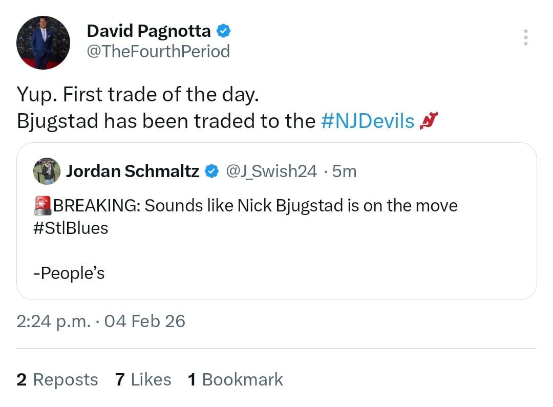 [Pagnotta] Nick Bjugstad has been traded to the New Jersey Devils