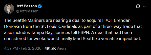 [Passan] The Seattle Mariners are nearing a deal to acquire IF/OF Brendan Donovan from the St. Louis Cardinals as part of a three-way trade that also includes Tampa Bay