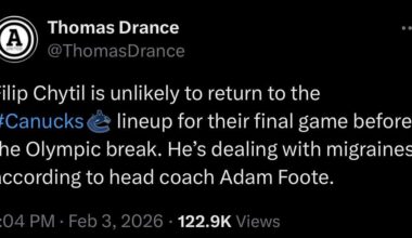 Thomas Drance reporting Chytil is dealing with migraines and is unlikely to return to the lineup before the Olympic break