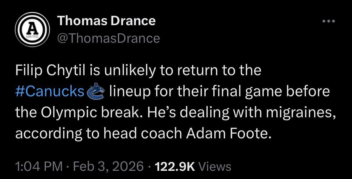 Thomas Drance reporting Chytil is dealing with migraines and is unlikely to return to the lineup before the Olympic break