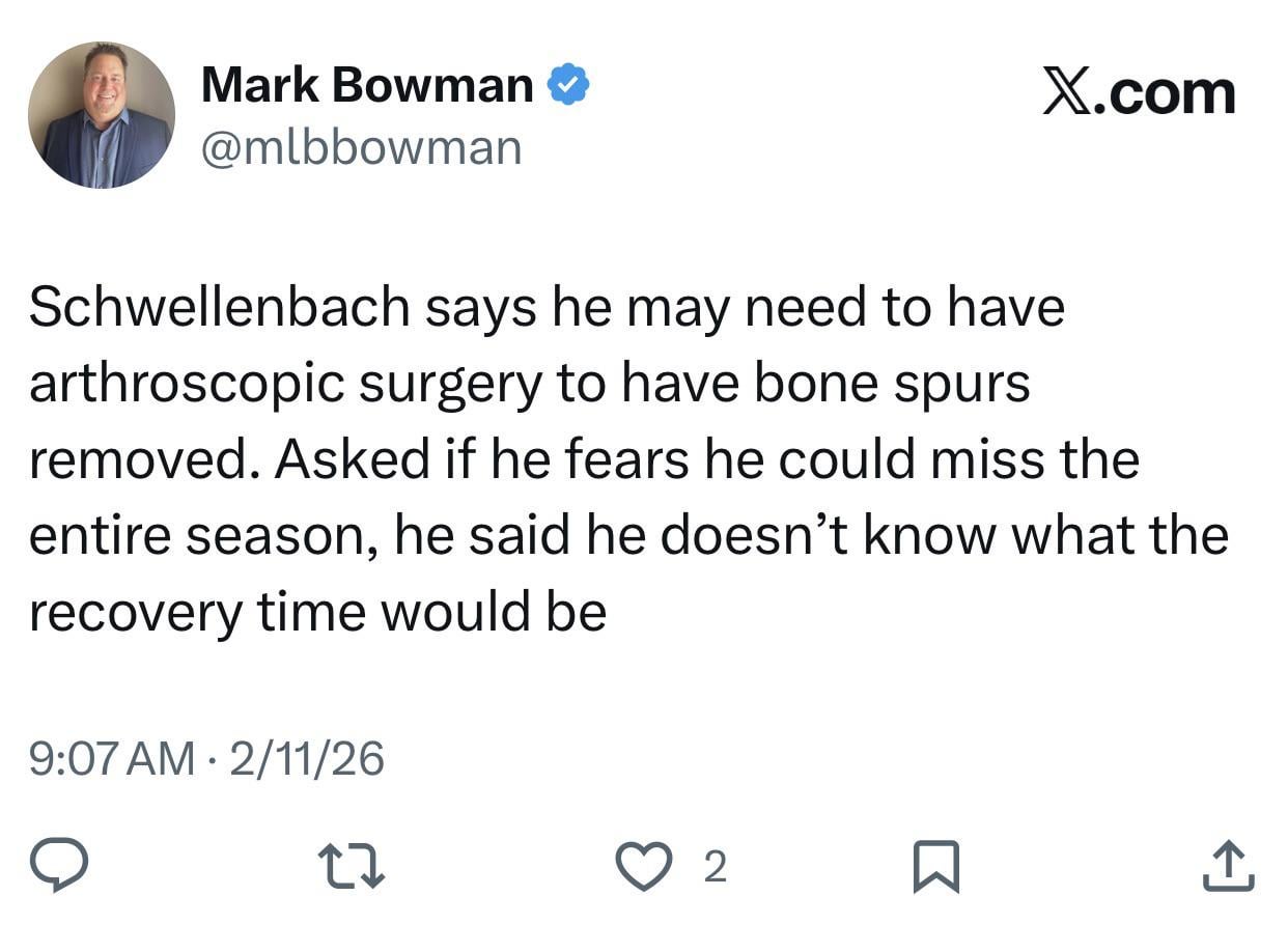 [Bowman] Schwellenbach says he may need to have arthroscopic surgery to have bone spurs removed. Asked if he fears he could miss the entire season, he said he doesn’t know what the recovery time would be