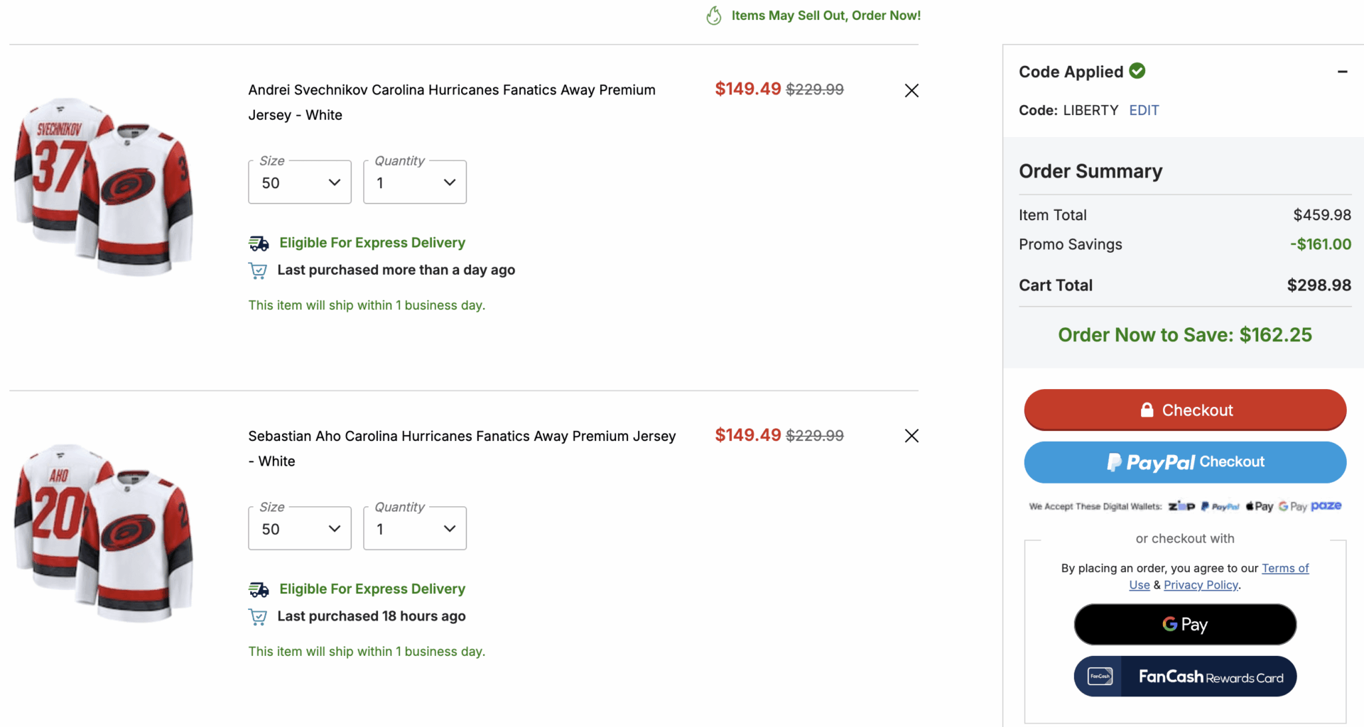 Aho/Svechnikov away jerseys on sale for $149.49 (35% off)