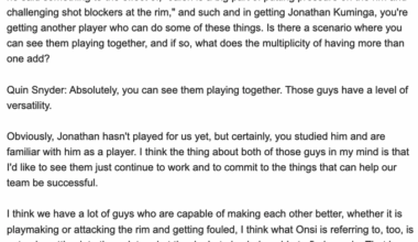 [Kevin Chouinard] Asked Quin Snyder this week about the combination of playing Jalen Johnson and Jonathan Kuminga together.

"Absolutely, you can see them playing together. Those guys have a level of versatility."

Noted at the end that the Hawks want JK to make some drive-and-kick plays.