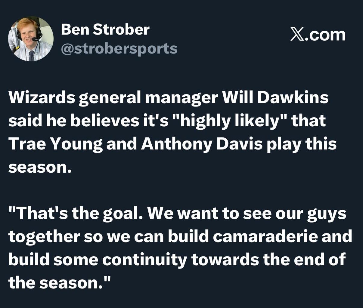 Will Dawkins said on Junks Radio that AD and Trae Young are highly likely to play this year.