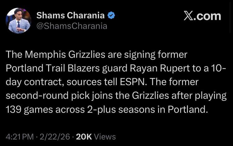 [Shams] The Memphis Grizzlies are signing former Portland Trail Blazers guard Rayan Rupert to a 10-day contract, sources tell ESPN. The former second-round pick joins the Grizzlies after playing 139 games across 2-plus seasons in Portland.