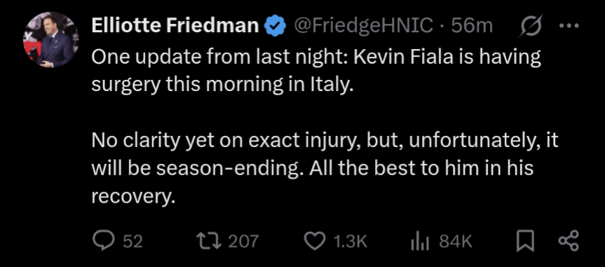 Fiala having surgery in Italy. Likely out for the rest of the season.