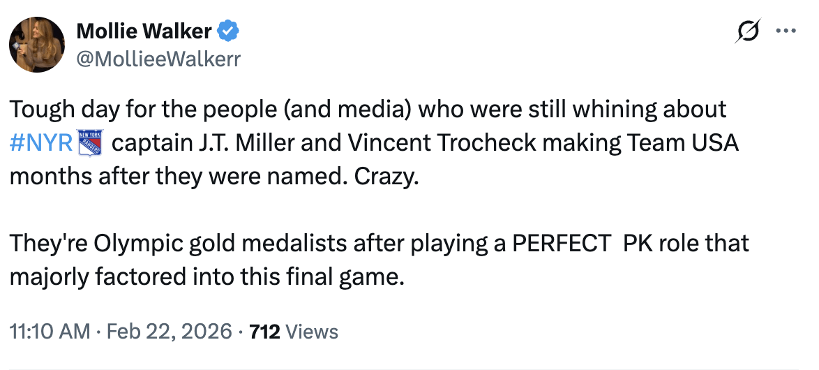 [Walker] Tough day for the people (and media) who were still whining about NYR captain J.T. Miller and Vincent Trocheck making Team USA months after they were named. Crazy.

They're Olympic gold medalists after playing a PERFECT  PK role that majorly factored into this final game.