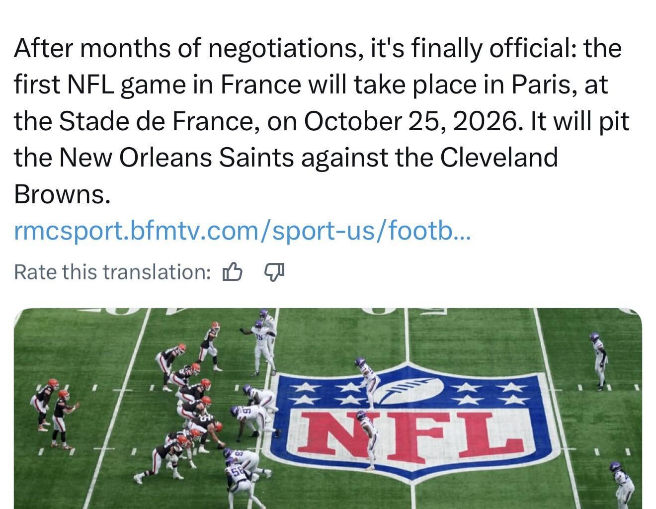 First NFL game in France featuring the Saints and Browns