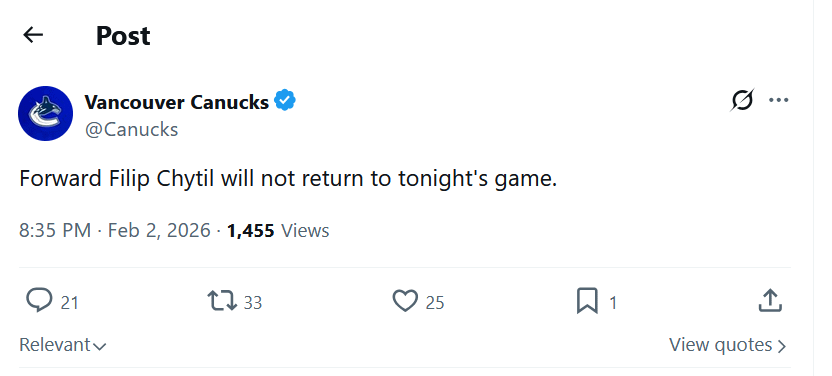 Forward Filip Chytil will not return to tonight's game.