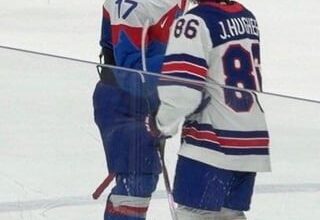 Jack Hughes shares a moment in the handshake line with current teammate Simon Nemec, and former teammate Tomas Tatar. What a game!