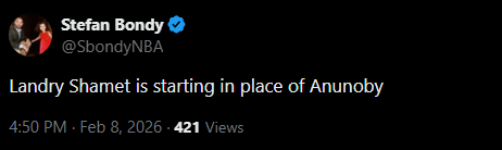 [Bondy] Landry Shamet is starting in place of Anunoby