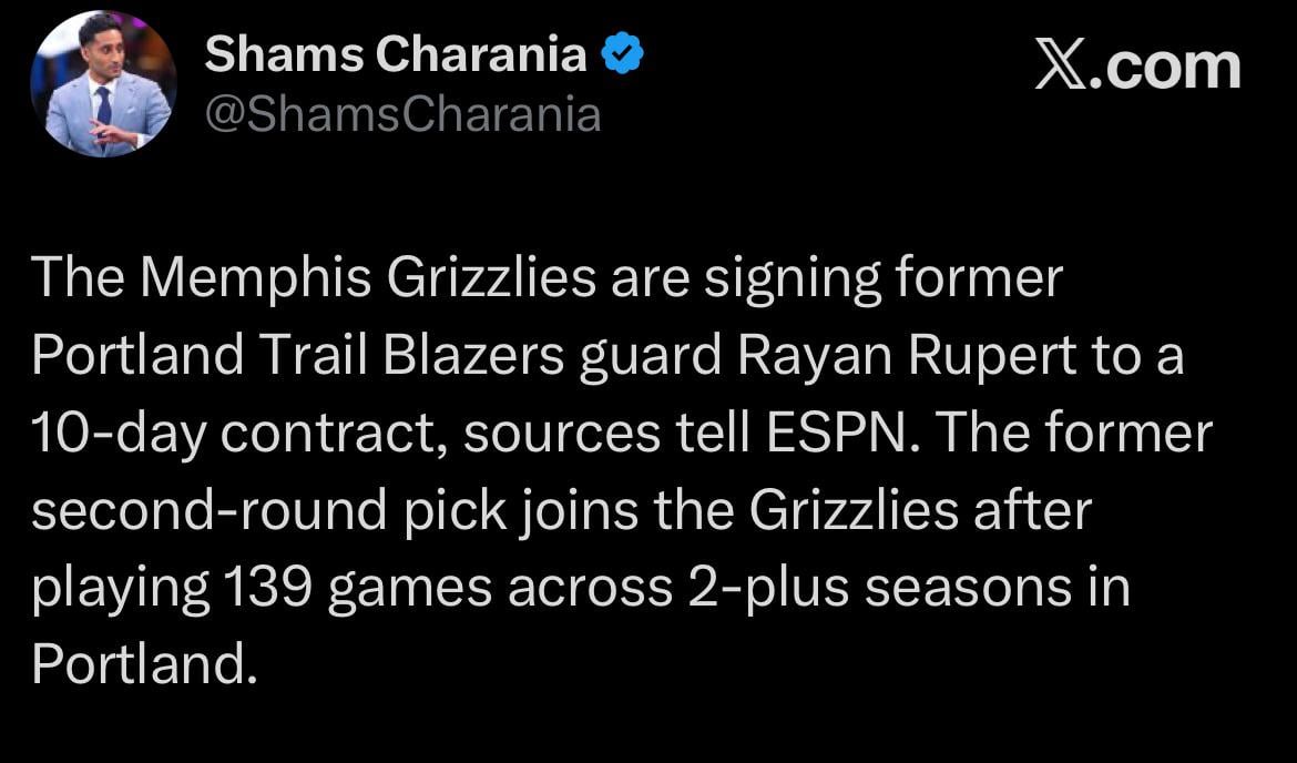 Shams: The Memphis Grizzlies are signing former Portland Trail Blazers guard Rayan Rupert to a 10-day contract, sources tell ESPN. The former second-round pick joins the Grizzlies after playing 139 games across 2-plus seasons in Portland.