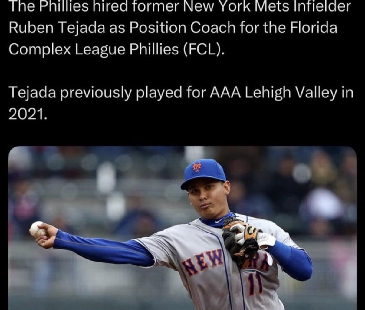 [Phillies Tailgate] The Phillies hired former New York Mets Infielder Ruben Tejada as Position Coach for the Florida Complex League Phillies (FCL). Tejada previously played for AAA Lehigh Valley in 2021.