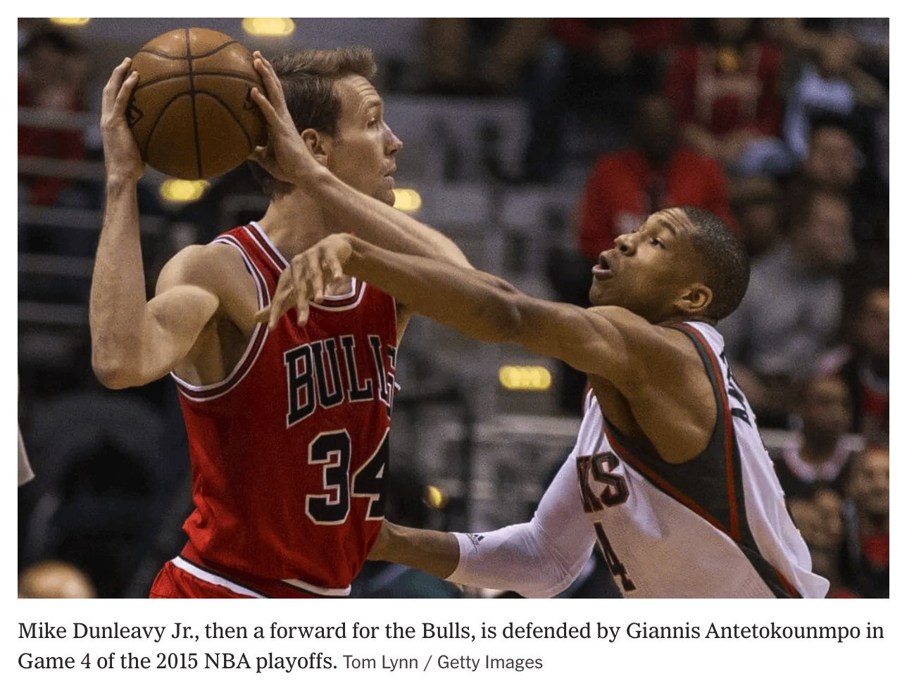 [Tom Lynn / Getty Images] Giannis going up on MDJ in 2015 playoffs