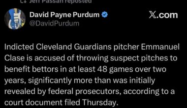 [DavidPurdum] Indicted Cleveland Guardians pitcher Emmanuel Clase is accused of throwing suspect pitches to benefit bettors in at least 48 games over two years, significantly more than was initially revealed by federal prosecutors, according to a court document filed Thursday.