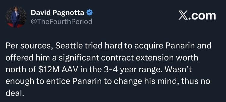 [Pagnotta] Per sources, Seattle tried hard to acquire Panarin and offered him a significant contract extension worth north of $12M AAV in the 3-4 year range. Wasn’t enough to entice Panarin to change his mind, thus no deal.